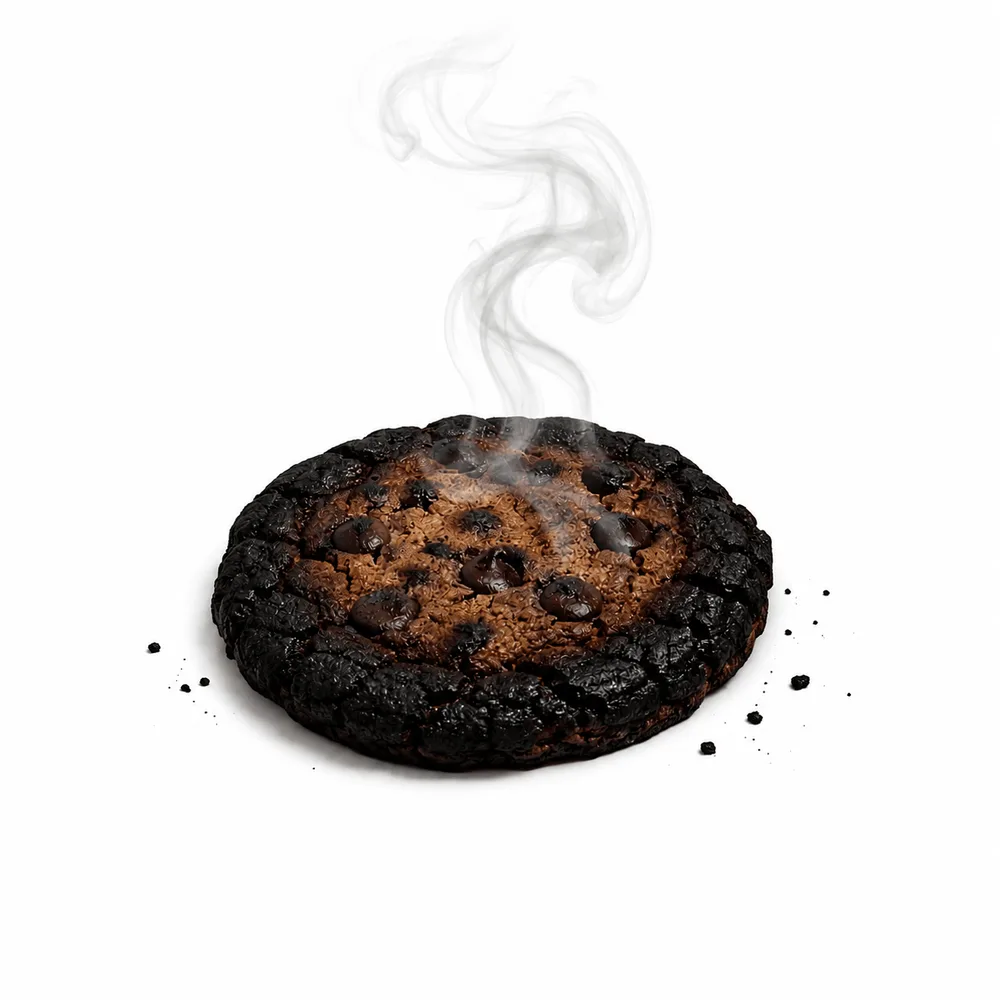 A burnt, smoking cookie on a white background — a metaphor for a WooCommerce setup whose cookies are overcooked