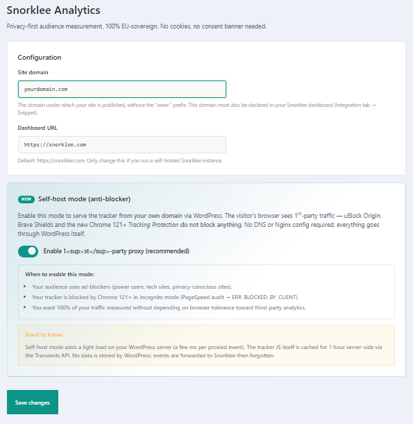 Snorklee plugin settings: site domain, dashboard URL and self-host mode